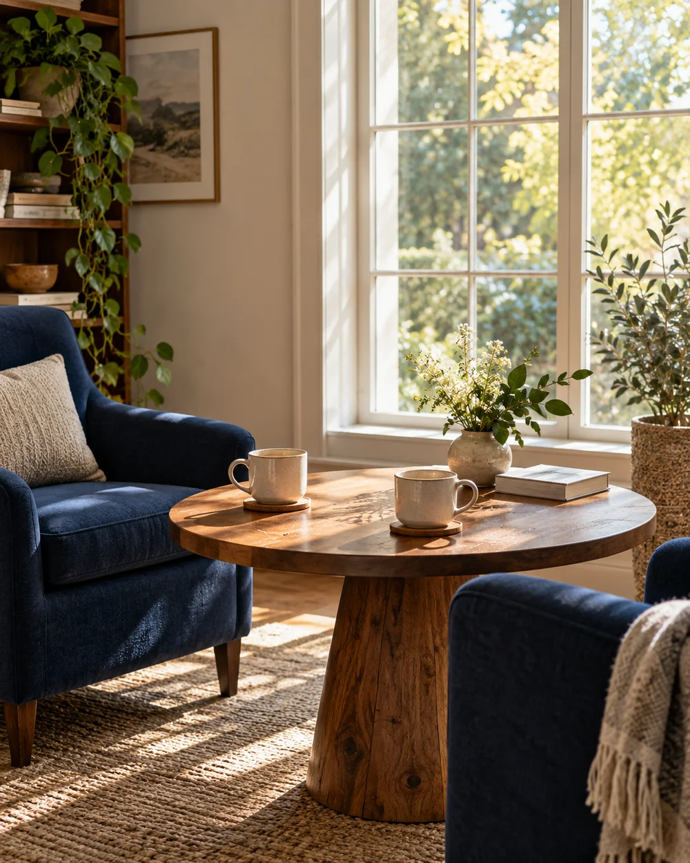 Coffee cups beside a sunlit window and comfortable navy chairs