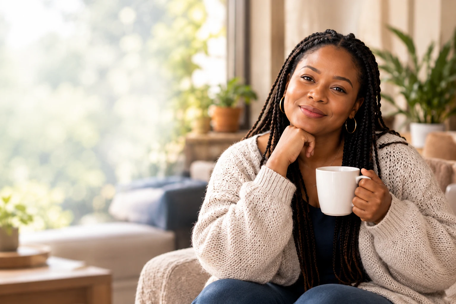 A woman from the supplied design reference smiling warmly with a cup of coffee